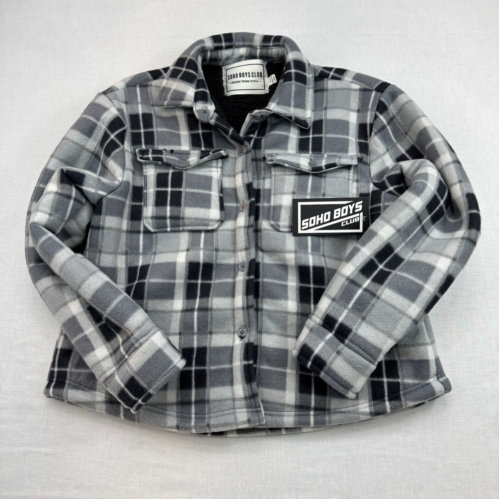 Soho‎ Boys Club Sherpa Lined Plaid Shacket Jacket Gray/Black Boys 14 (L)